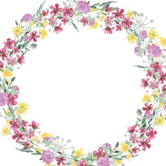 Watercolor round frame with wildflower. Illustration isolated on white background.