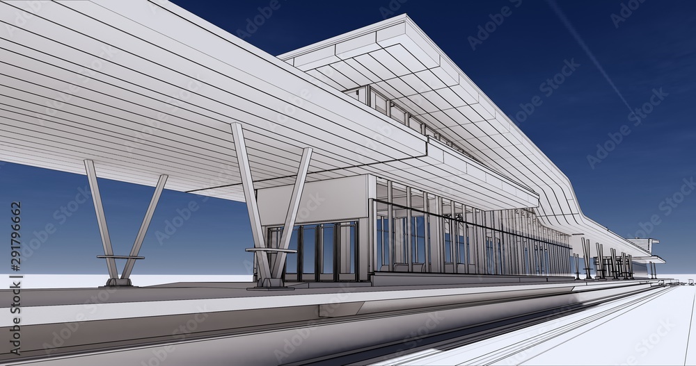 Poster conceptual visualization of a passenger railway platform in a modern design