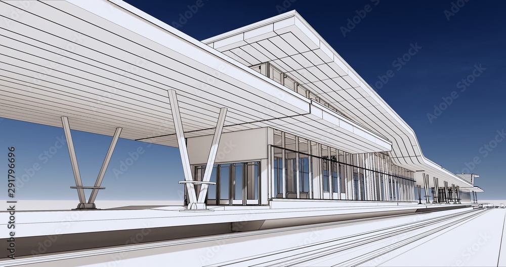 Poster conceptual visualization of a passenger railway platform in a modern design