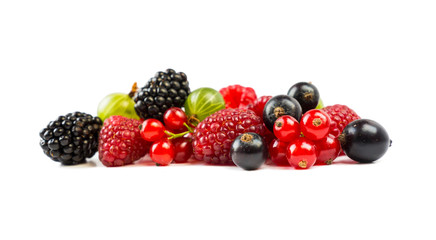 Ripe raspberries, gooseberries, blackberries, red and blackcurrants isolated on white background. Background of mix fruits with copy space for text. Mix berries on white background.