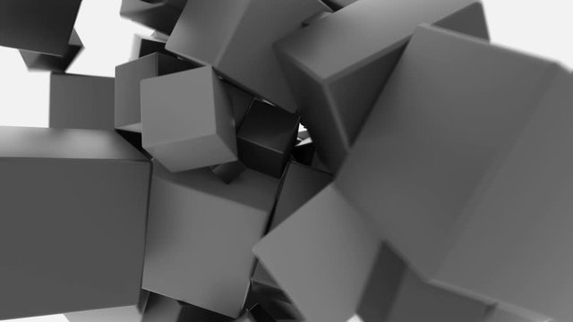 Abstract floating cubes collide with each other. 3D CGI animation.