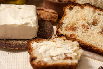 Barmbrack or bairin breac is a traditional Irish sweet yeast bread with grapes and raisins, often eaten with afternoon tea butter and traditionally served on Halloween.