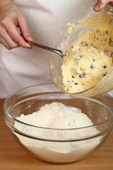 Pouring Batter into flour. Making Chocolate Chip Cookies. Series.