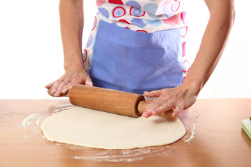 Preparing dough sheet for pizza. Rolling out. Making Pizza with Salami, Olives and Cheese. Series. 