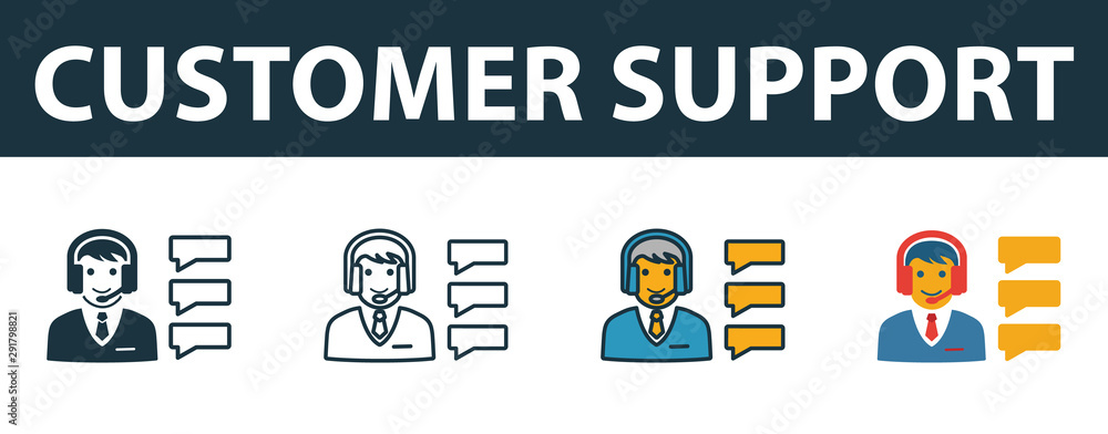 Poster customer support icon set. premium symbol in different styles from customer service icons collection