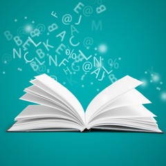 Open book isolated on white and letters
