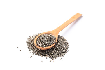Chia seeds and wooden spoon isolated on white background
