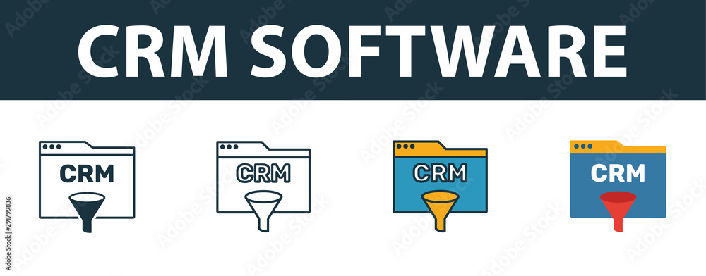 Poster crm software icon set. premium symbol in diferent styles from crm icons collection. creative crm sof
