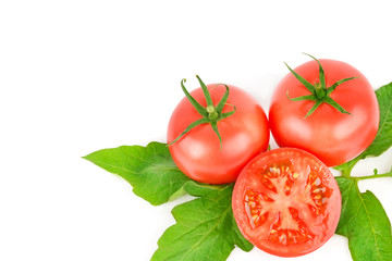 Appetizing tomatoes isolated on white background. Free space for text.