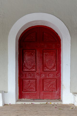  Ancient, decorative, painted, wooden, church door close-up