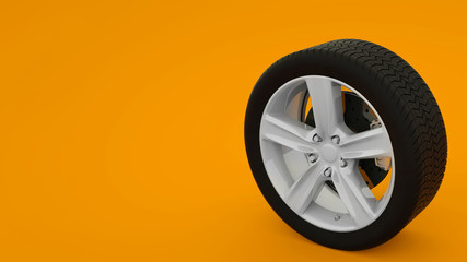 Car wheel isolated on orange background. 3d illustration