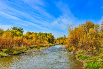 Fototapeta na wymiar Idyllic bright multicolored autumn landscape with little fast forest river