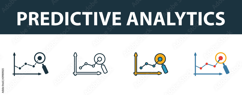Poster predictive analytics icon set. premium symbol in diferent styles from crm icons collection. creative