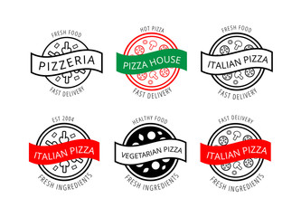 Set of logos for pizzeria, cafe, restaurant, delivery, bakery. Black, white, red and green outline emblems with food icons and ribbons. Pizza company branding collection of vector badges