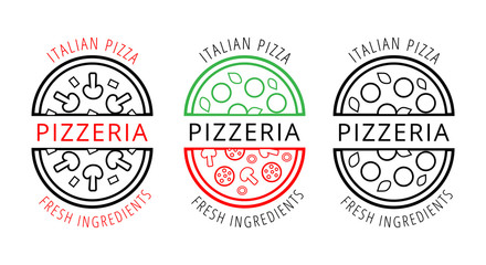Fototapeta na wymiar Vector pizza badges with mushrooms, mozzarella, pepperoni, basil, olives and feta. Italian pizza with fresh ingredients. Logos for cafe, restaurant, delivery, pizzeria, bakery