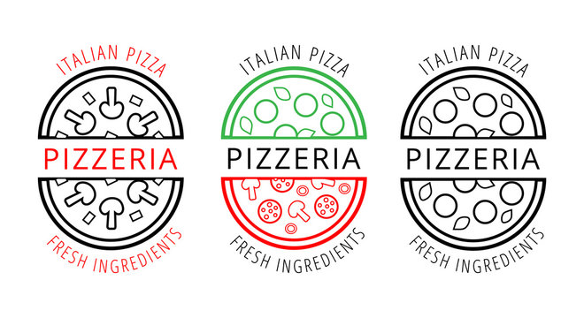 Vector pizza badges with mushrooms, mozzarella, pepperoni, basil, olives and feta. Italian pizza with fresh ingredients. Logos for cafe, restaurant, delivery, pizzeria, bakery