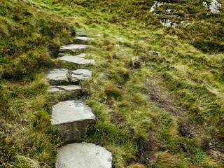 Stone path in a mountains for tourists, Diamond hill, Connemara National park, county Galway, Ireland.