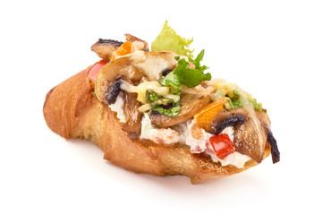 Italian Bruschetta with cottage cheese, tomatoes, champignon mushrooms, garlic and herbs. Spanish Tapas and Pinchos, isolated on white background