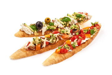 Italian Bruschetta, Spanish Tapas and Pinchos, isolated on white background