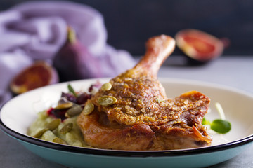 Roasted duck with celeriac puree and beetroot, sprinkled with pumpkin seeds