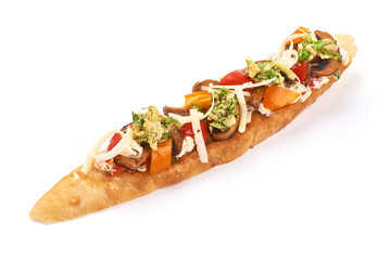 Spanish Tapas and Pinchos with cottage cheese, grated cheese, tomatoes, champignon mushrooms, garlic and basil. Italian Bruschetta, isolated on white background