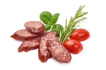 Sliced smoked salami sausage, isolated on white background
