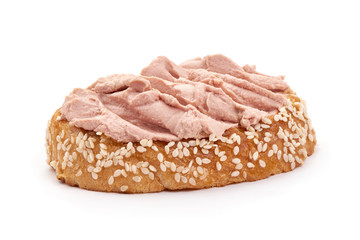 Chicken liver pate sandwich, isolated on white background