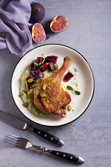 Roasted duck with celeriac puree and beetroot, sprinkled with pumpkin seeds. View from above, top studio shot