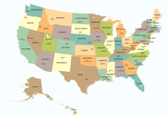 USA political map. Color vector map with state borders and capitals.