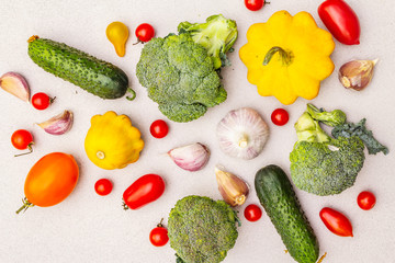 Cooking food background with fresh vegetables. Autumn harvest, preparation healthy meal concept