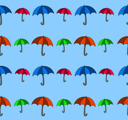 A nice blue background pattern of several rows of colored umbrellas