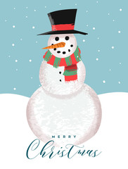 Merry Christmas card of funny snowman cartoon