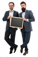 businessmen in suit, copy space. partners celebrate start up business isolated on white. announcement. party invitation. bearded men hold advertisement blackboard. welcome on board. advertisement.