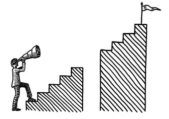 Drawn Man Aiming Telescope At Goal Atop Stairs