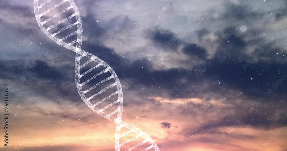 Poster sky with colorful clouds and artistic dna strand structure animation.