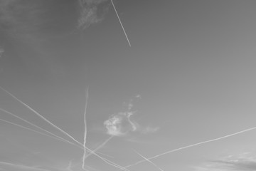 sky landscape with trace of lines left by airplanes