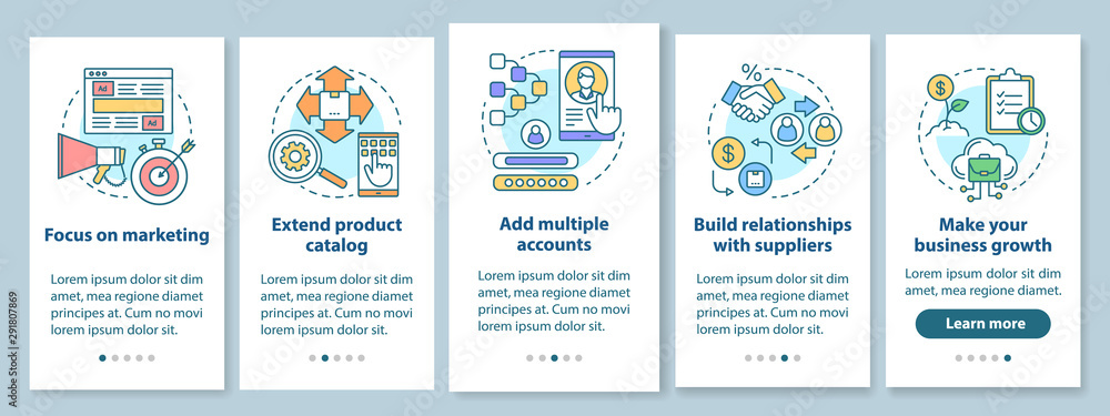 Poster dropshipping onboarding mobile app page screen with linear concepts. focus on marketing, build busin