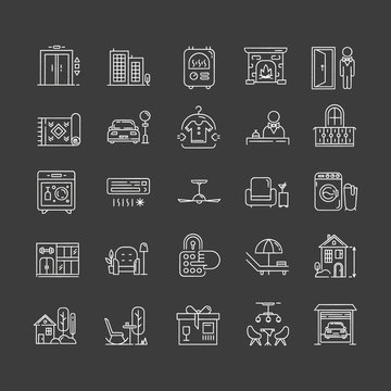 Apartment amenities chalk icons set. Household appliance and furniture, furnishing. Interior design items. Hotel services. Dry cleaning, parking facilities. Isolated vector chalkboard illustrations