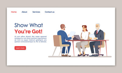 Fototapeta na wymiar Show what you are got landing page vector template. Employment service website interface idea with flat illustrations. Recruitment homepage layout. Negotiation web banner, webpage cartoon concept