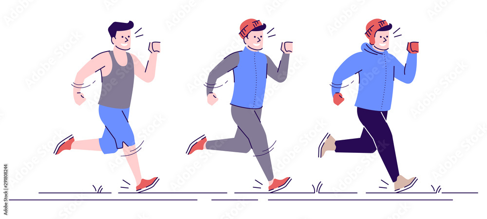 Wall mural jogging caucasian man flat vector illustration. sports training in any weather. jogging boy in diffe