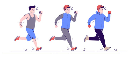 Jogging caucasian man flat vector illustration. Sports training in any weather. Jogging boy in different seasonal sportswear isolated cartoon characters with outline elements on white background