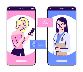 Online cure consultation smartphone cartoon app screen. Mobile phone displays with flat character design mockup. Doctor, pharmacist appointment via telephone application interface. Vector illustration