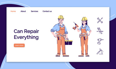 Home repair and renovation service landing page vector template. House maintenance website interface idea with flat illustrations. Homepage layout. Construction workers web banner, webpage concept