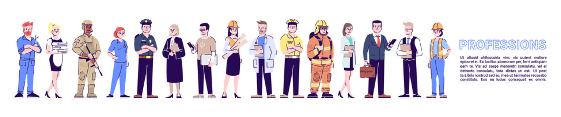 Professions flat banner vector template. Staff, personnel isolated cartoon characters on white with article. Professional workers, labor. Horizontal poster print design layout with place for text