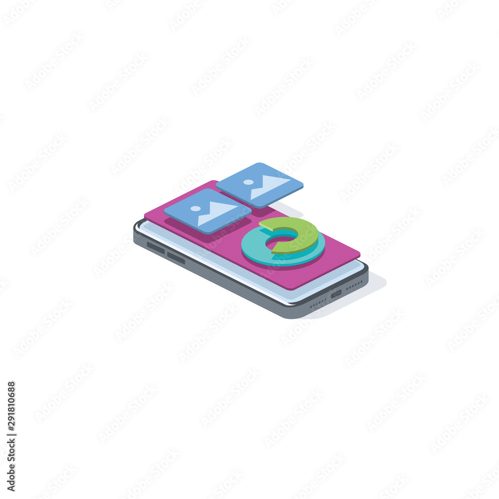 Poster mobile application. development chart graphics. vector 3d isometric, color web icons set, new flat s