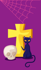 cat feline halloween with cross and skull
