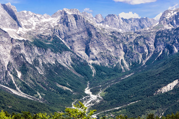 Peaks of Albanian Alps in Valbona Valley National Park, Albania - obrazy, fototapety, plakaty