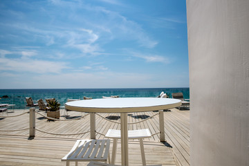 white wooden desk and blue sky 