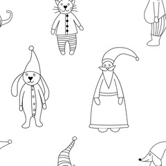 Hand drawn Merry Christmas doodle set with tree, toy animals, pets, star elements. Winter and holiday themes object. Vector illustration.