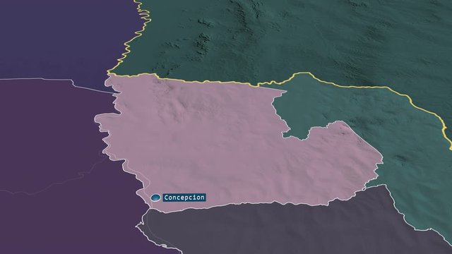 Concepci&oacute;n - department of Paraguay with its capital zoomed on the administrative map of the globe. Animation 3D